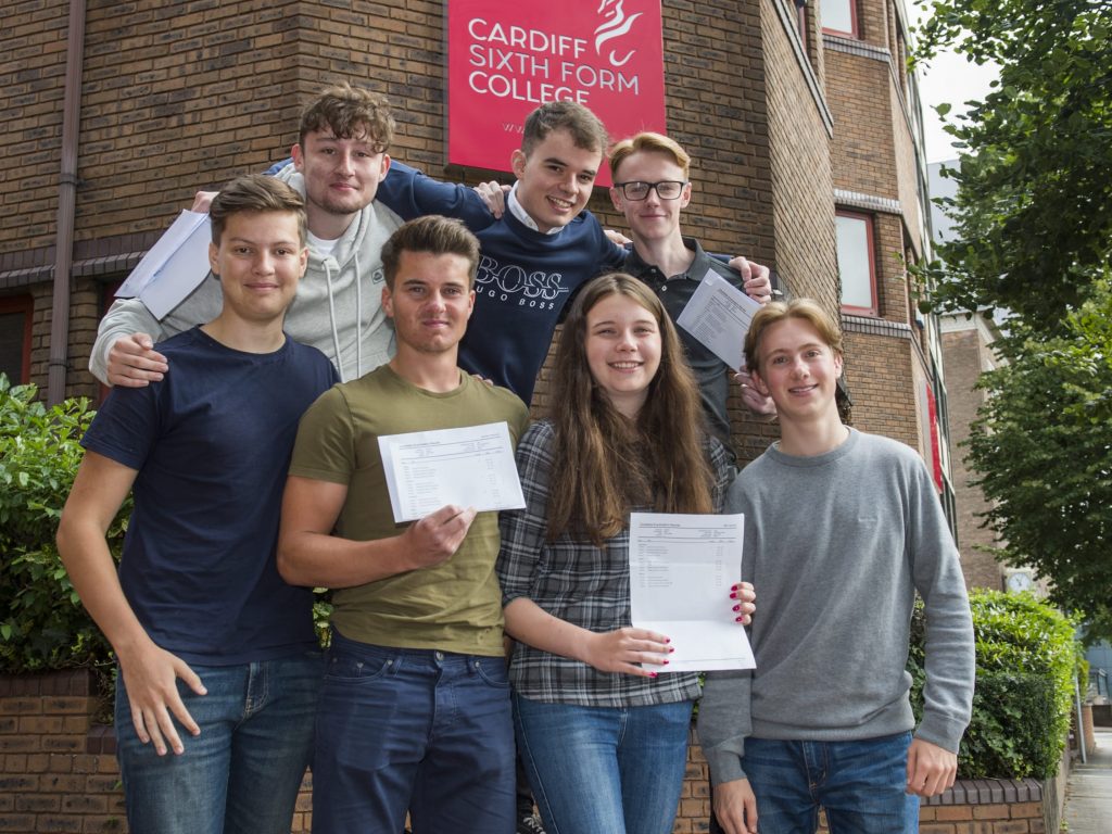 students holding their results at a top sixth form college