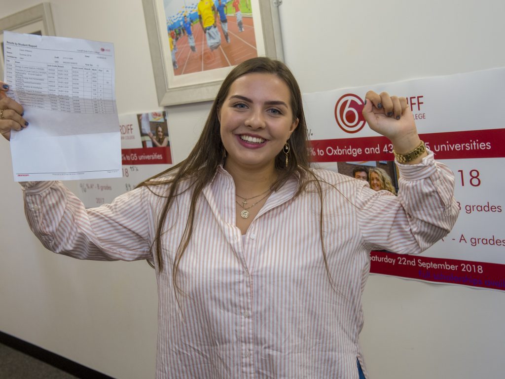 pupil from a sixth form college in cardiff cheering