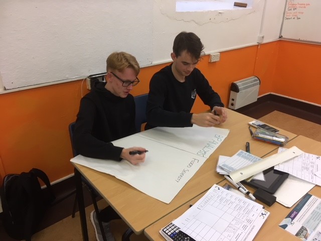 students working on a table using a big piece of paper