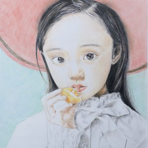 painting of a girl eating fruit