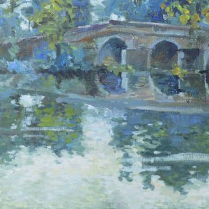 painting of a lake under a bridge
