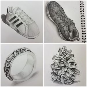 picture of shoes, a ring and a pinecone