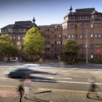 Buildings on a busy road