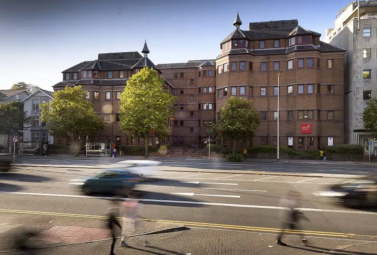 Buildings on a busy road